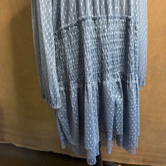 Maeve Anthropologie Blue Sheer Swiss Dot Embroidered Floral Dress XL Boho - Picture 8 of 10